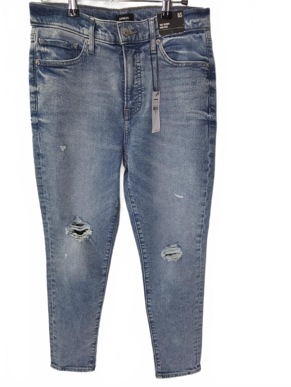 Express Women's 90's Skinny High Rise Blue Denim Jeans Size 6S with Torn Knee